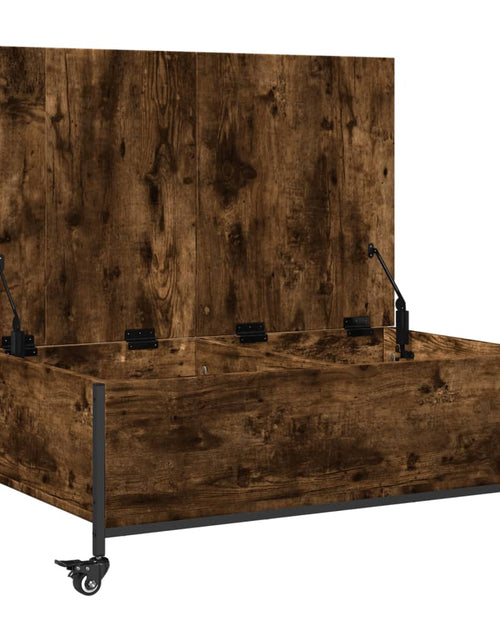 Încărcați imaginea în vizualizatorul Galerie, Măsuță cafea cu roți stejar fumuriu 91x55x34 cm lemn prelucrat - Lando
