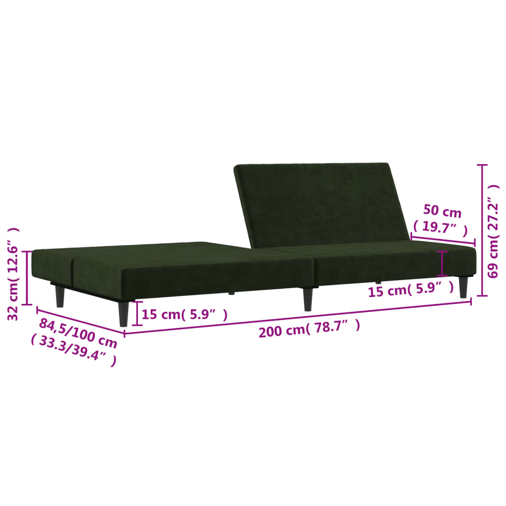 Canapea extensibilă cu 2 locuri, verde închis, catifea