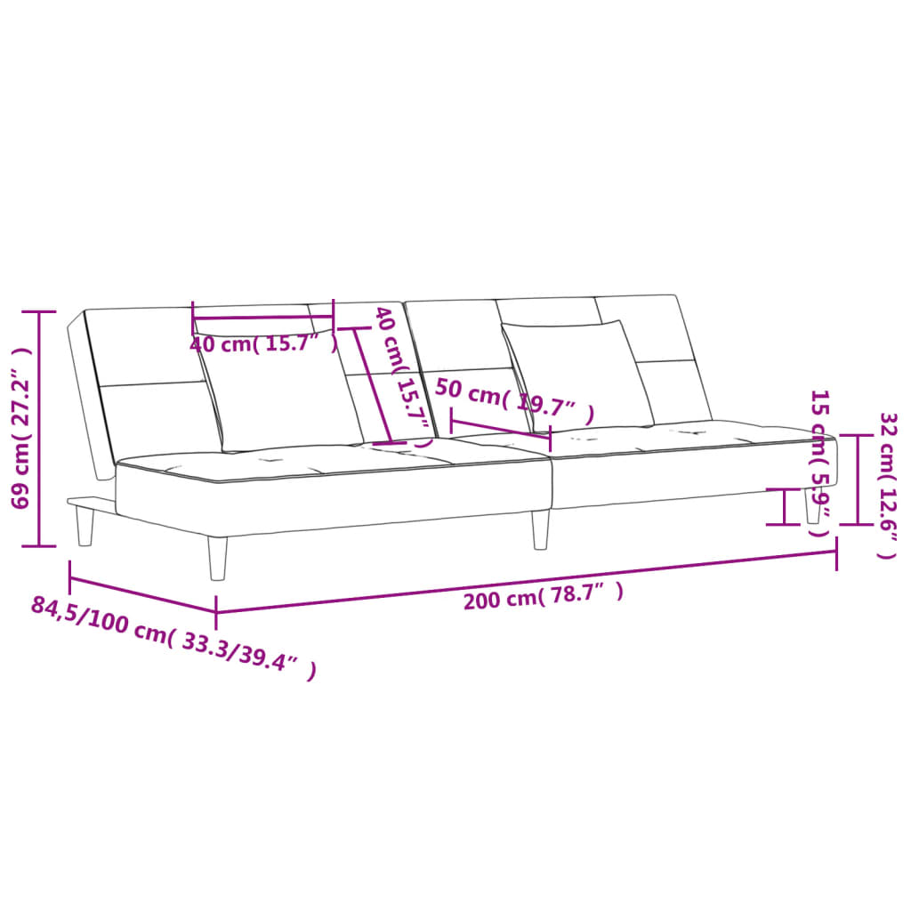 Canapea extensibilă cu 2 locuri, 2 perne, gri deschis, catifea