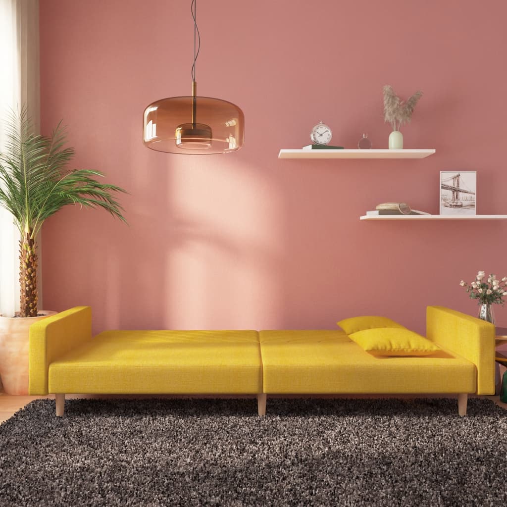Canapea extensibilă cu 2 locuri, 2 perne, galben, textil