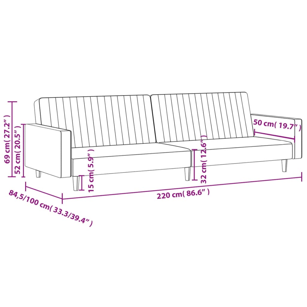 Canapea extensibilă cu 2 locuri, gri deschis, catifea
