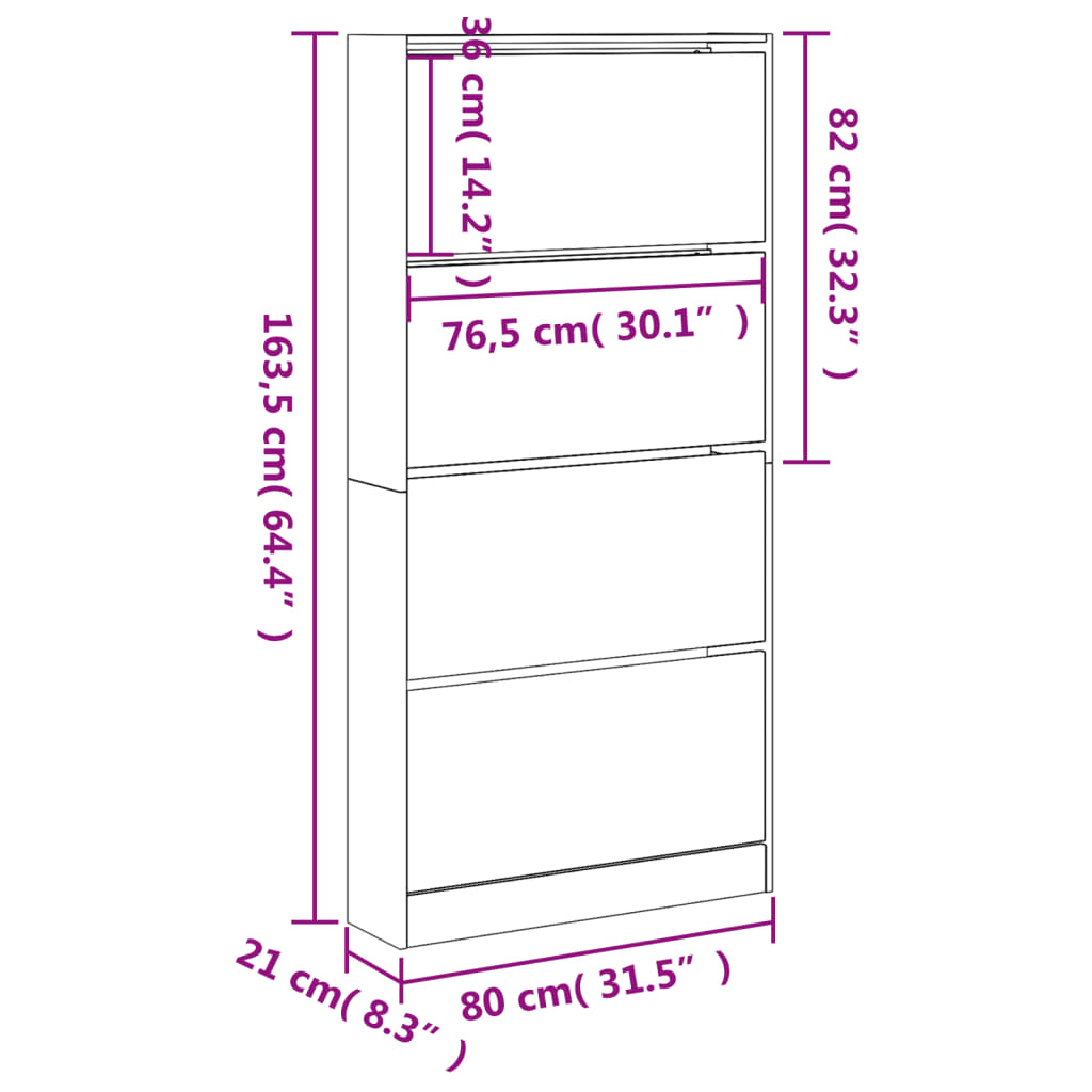 Dulap de pantofi cu 4 sertare rabatabile, alb, 80x21x163,5 cm