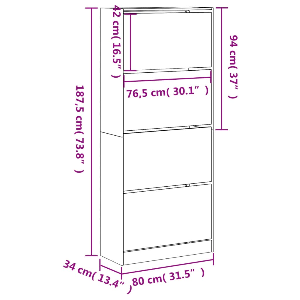 Dulap de pantofi cu 4 sertare rabatabile, alb, 80x34x187,5 cm