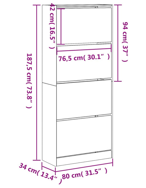 Încărcați imaginea în vizualizatorul Galerie, Pantofar cu 4 sertare rabatabile, stejar sonoma, 80x34x187,5 cm
