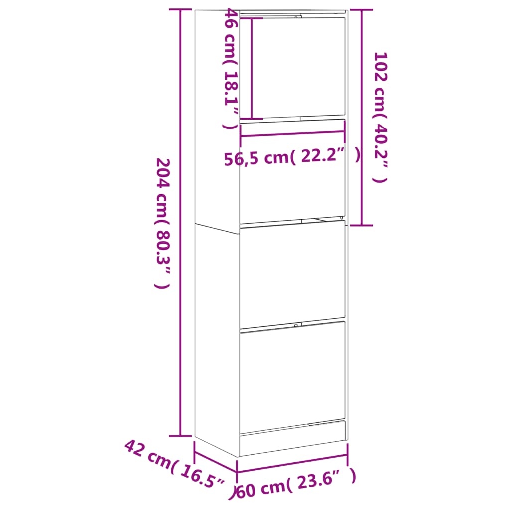 Dulap de pantofi cu 4 sertare rabatabile, alb, 60x42x204 cm