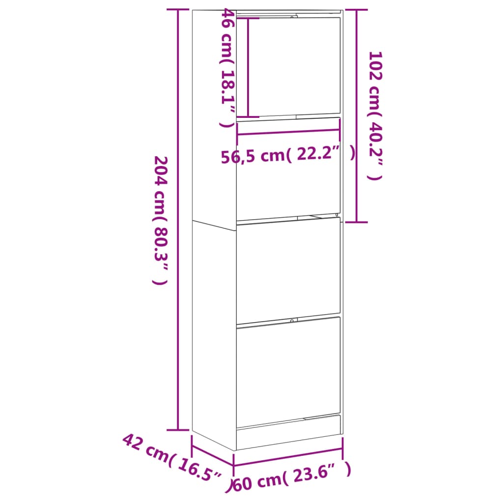 Dulap de pantofi 4 sertare rabatabile, gri beton, 60x42x204 cm