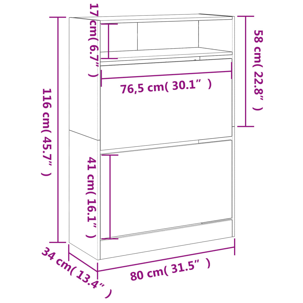 Dulap de pantofi cu 2 sertare rabatabile, alb, 80x34x116 cm