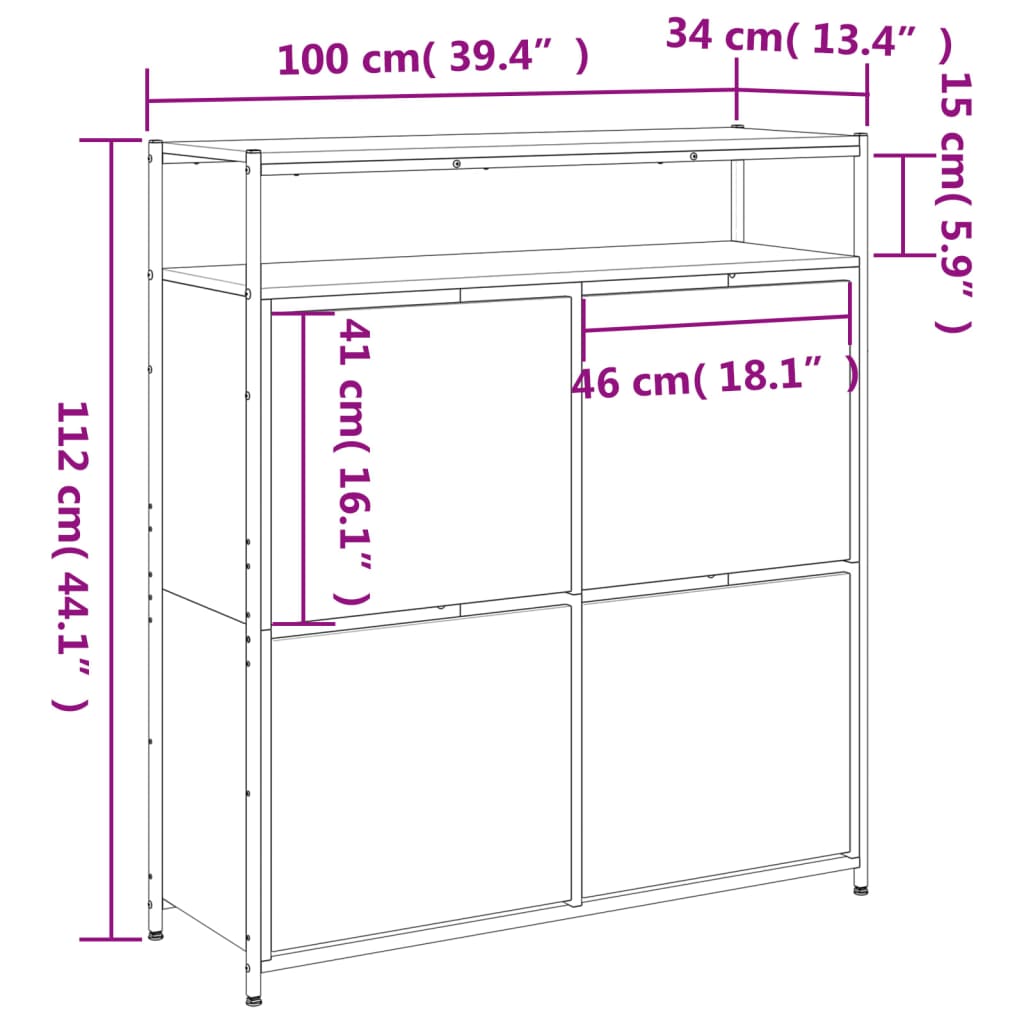 Dulap de pantofi cu 4 sertare rabatabile, negru, 100x34x112 cm