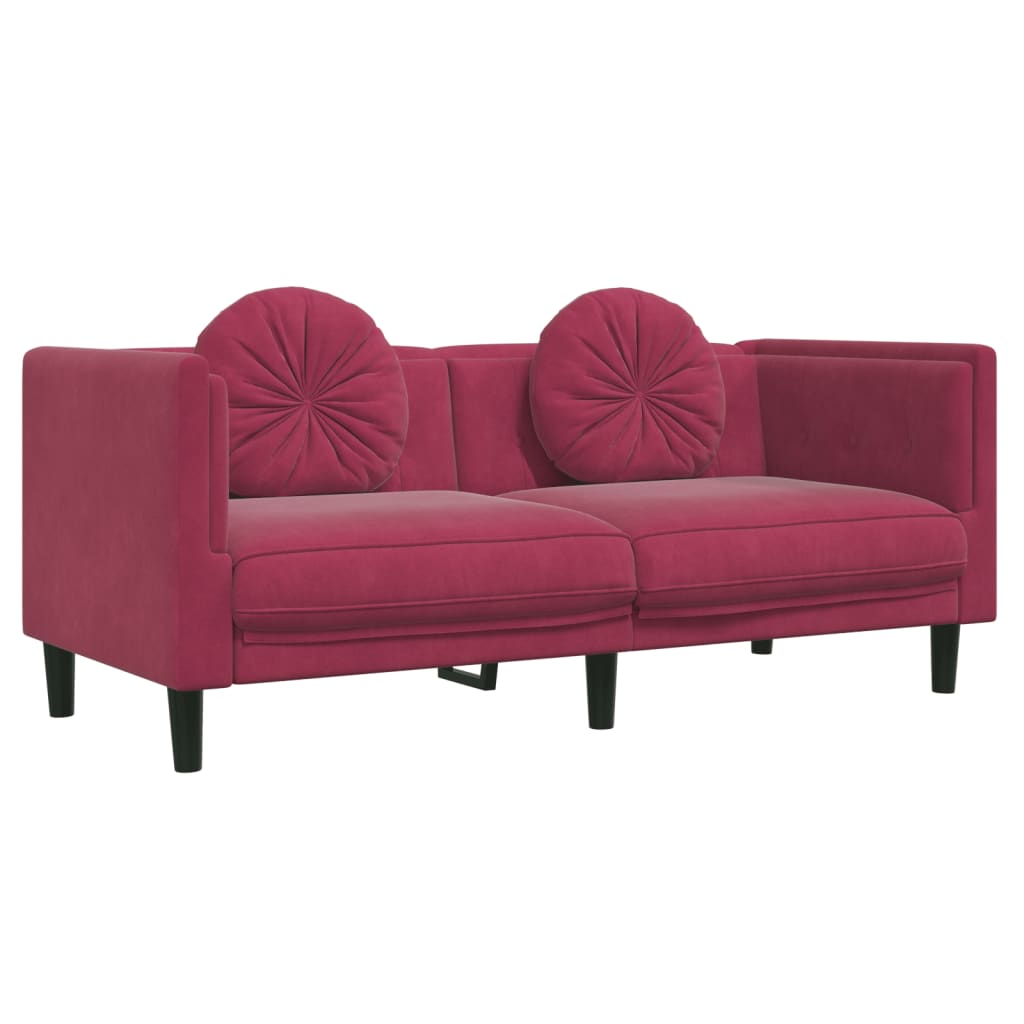 Canapea cu perne, 2 locuri, roșu vin, catifea