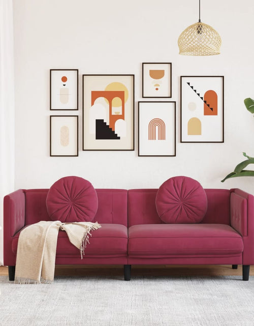 Încărcați imaginea în vizualizatorul Galerie, Canapea cu perne, 3 locuri, roșu vin, catifea
