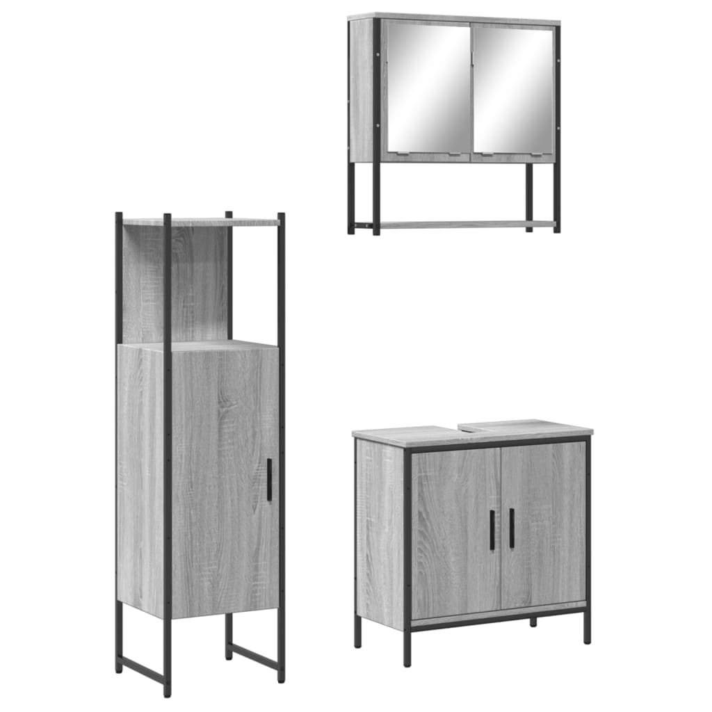 Set mobilier de baie, 3 piese, gri sonoma, lemn prelucrat