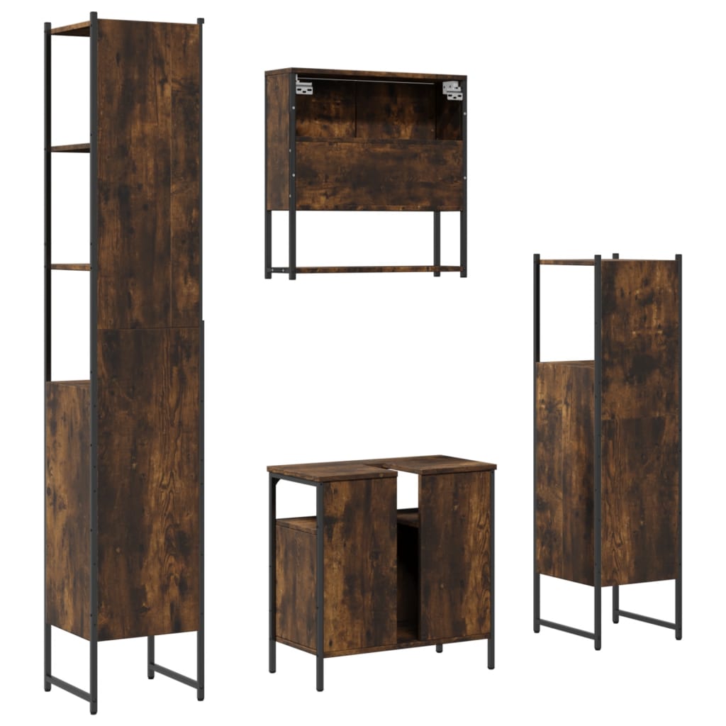 Set mobilier de baie, 4 piese, stejar fumuriu, lemn prelucrat - Lando