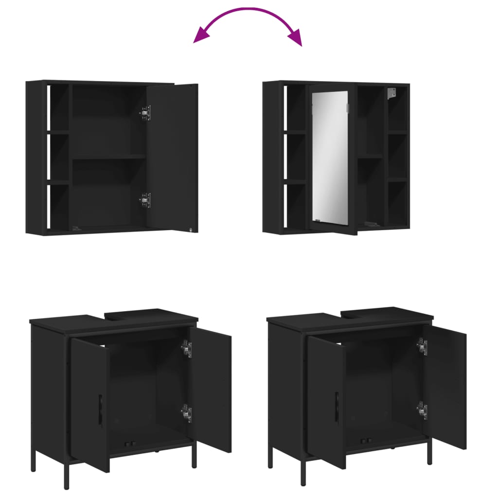 Set mobilier de baie, 2 piese, negru, lemn compozit