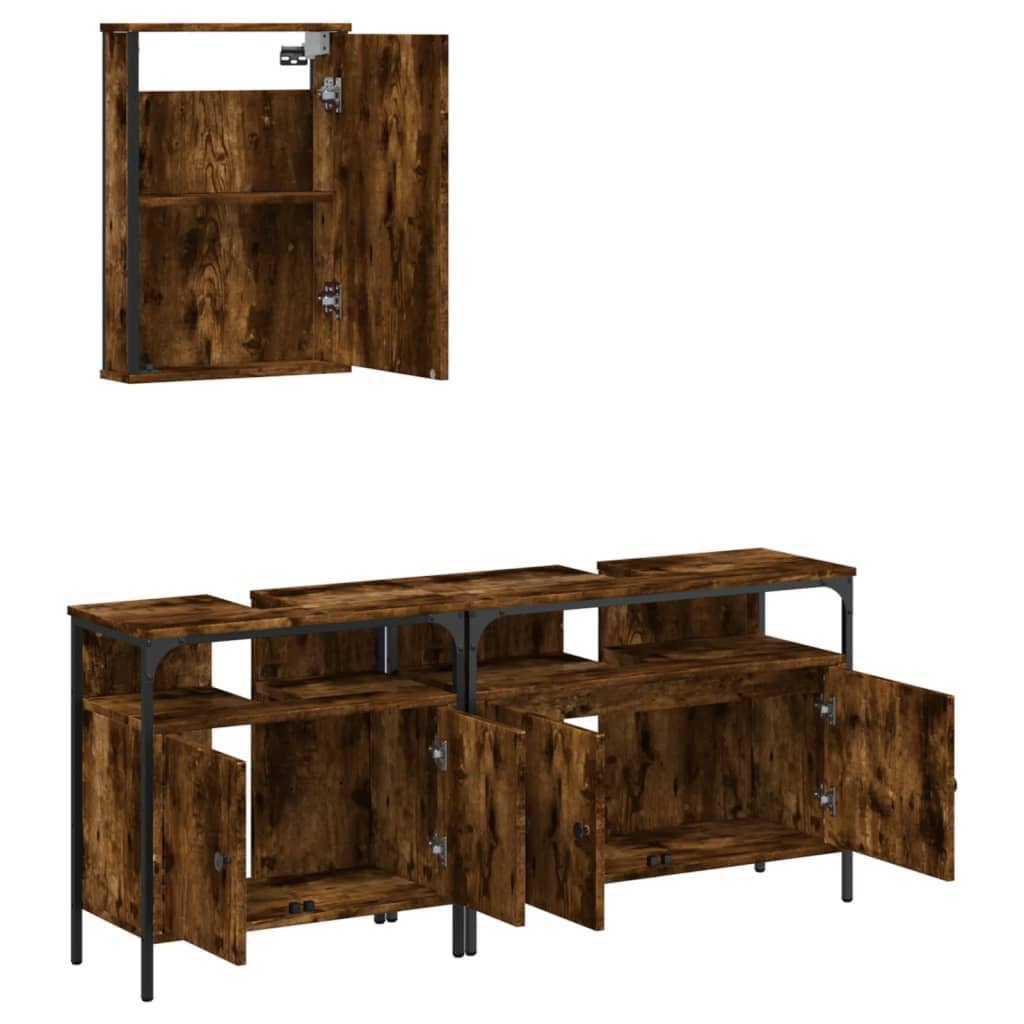 Set mobilier de baie, 3 piese, stejar fumuriu, lemn prelucrat - Lando