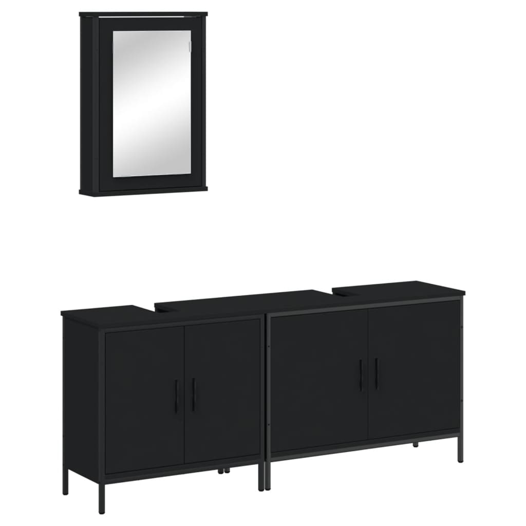 Set mobilier de baie, 3 piese, negru, lemn compozit