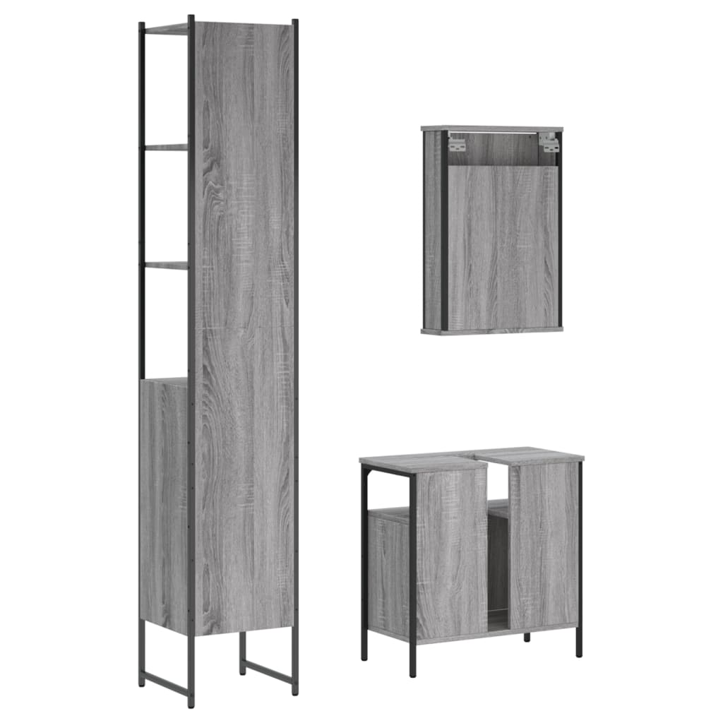 Set mobilier de baie, 3 piese, gri sonoma, lemn prelucrat