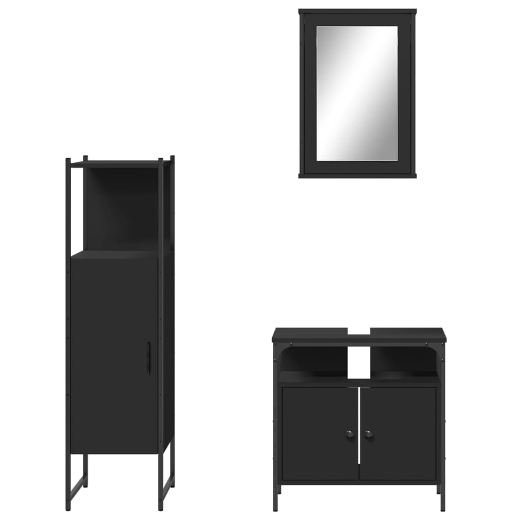 Set mobilier de baie, 3 piese, negru, lemn compozit