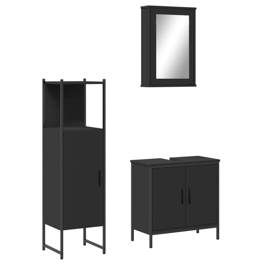 Set mobilier de baie, 3 piese, negru, lemn compozit