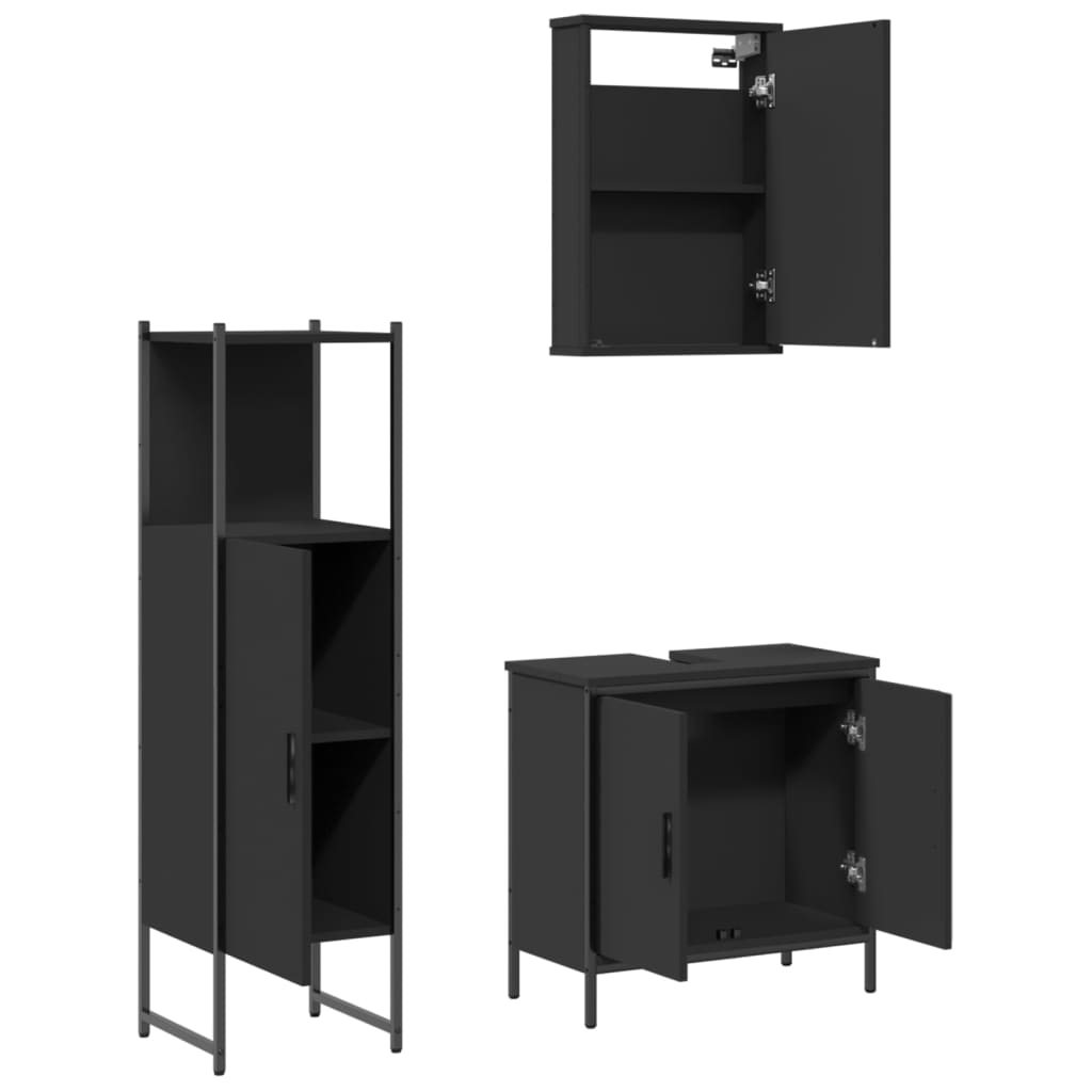 Set mobilier de baie, 3 piese, negru, lemn compozit