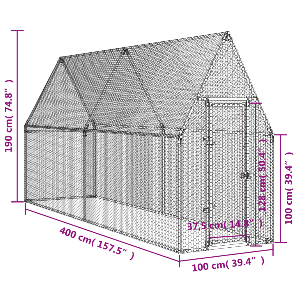 Coteț pentru păsări, gri, 400x100x190 cm, oțel galvanizat - Lando