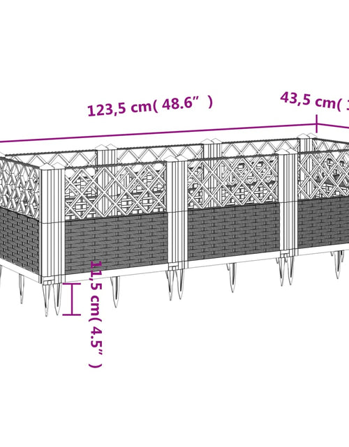 Încărcați imaginea în vizualizatorul Galerie, Jardinieră de grădină cu țăruși, gri, 123,5x43,5x43,5 cm, PP
