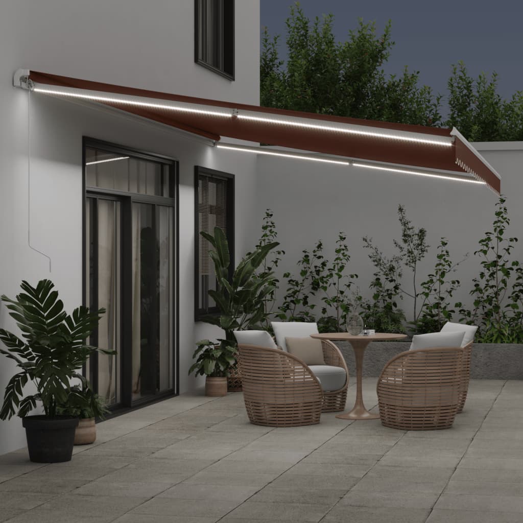 Copertină retractabilă manual cu LED, maro, 600x300 cm