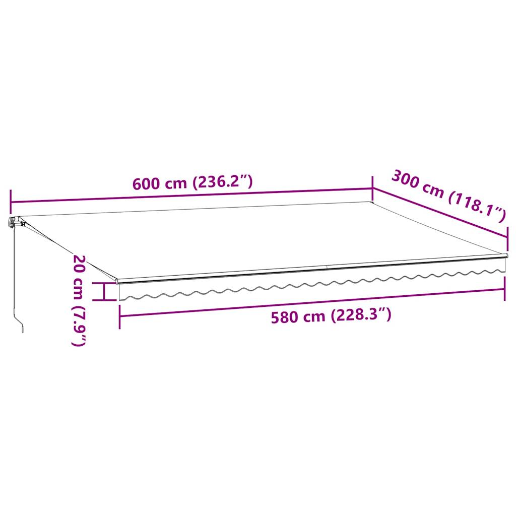 Copertină retractabilă manual cu LED, antracit/alb, 600x300 cm