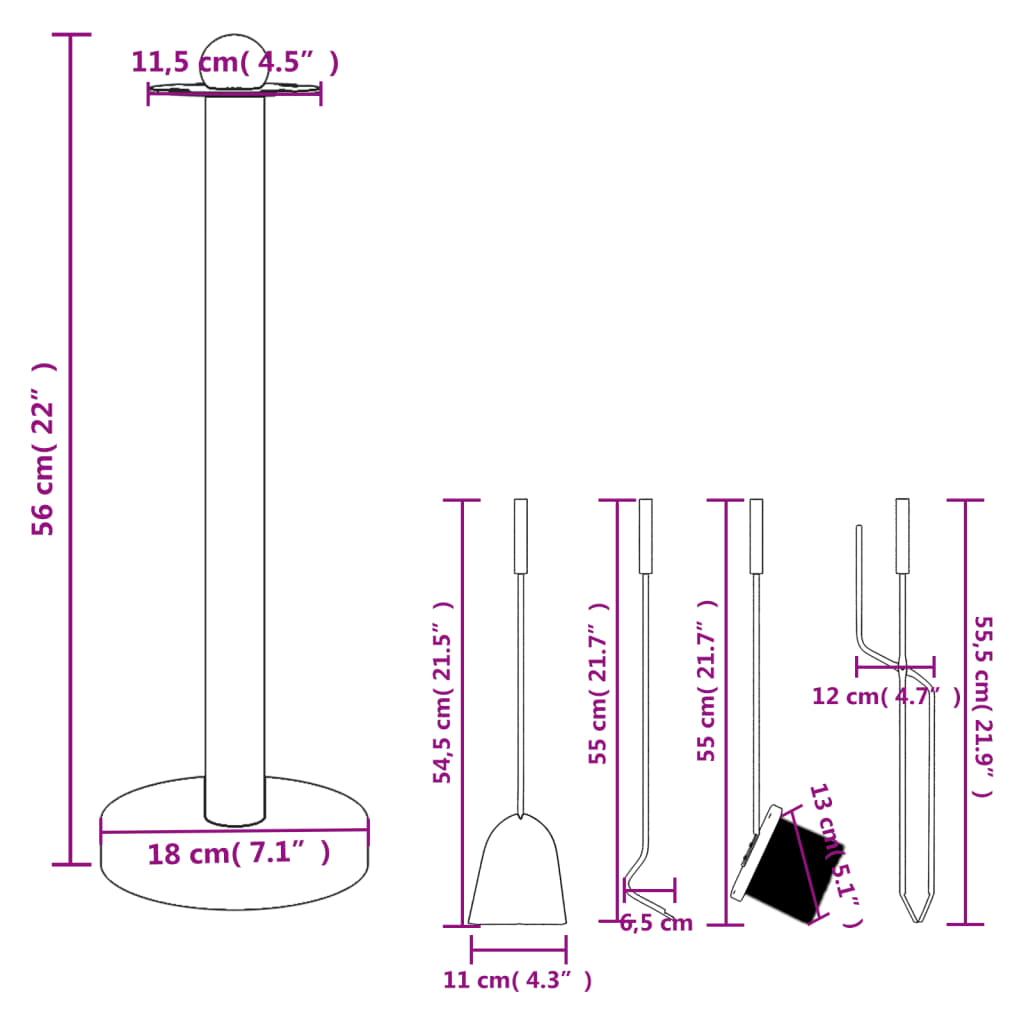 Set de unelte pentru șemineu, 5 piese, 18x56 cm, oțel