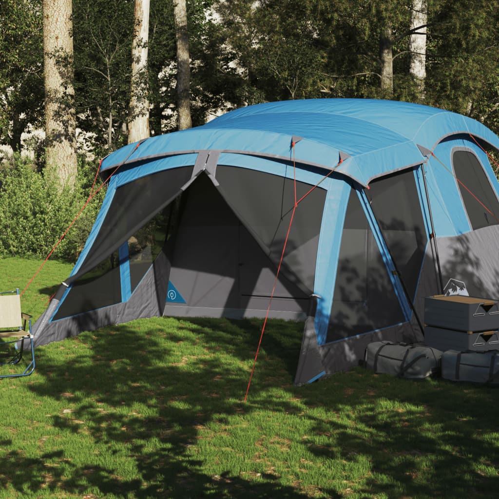 Cort de camping cu verandă 4 persoane, albastru, impermeabil