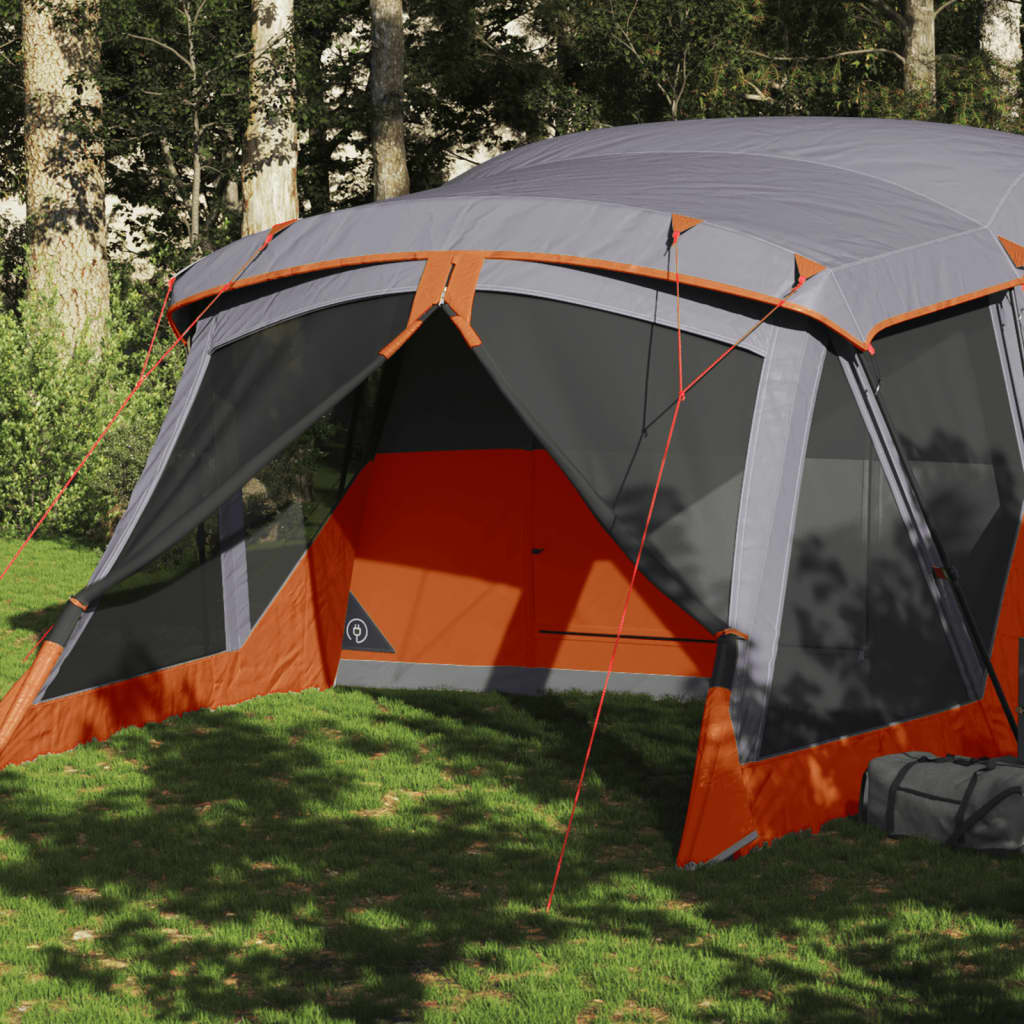 Cort camping cu verandă 4 persoane, gri/portocaliu, impermeabil