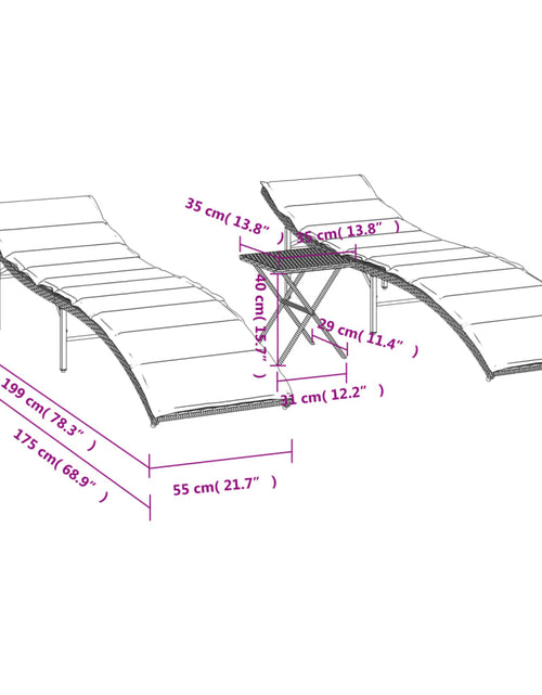 Încărcați imaginea în vizualizatorul Galerie, Șezlonguri de plajă cu masă, 2 buc., maro, poliratan
