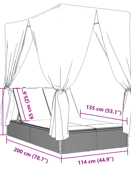 Загрузите изображение в средство просмотра галереи, Șezlong de plajă dublu cu acoperiș și perdele, maro, poliratan
