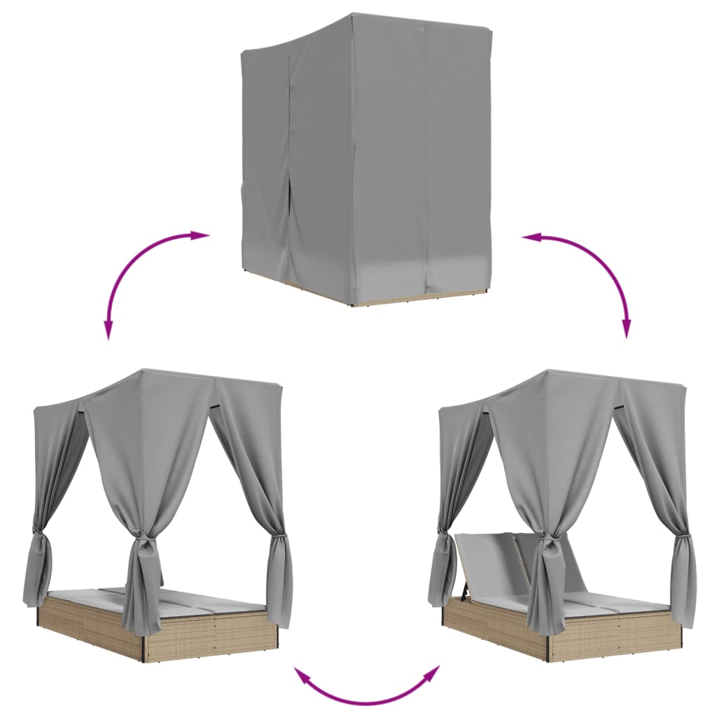 Șezlong de plajă dublu cu acoperiș și perdele, bej, poliratan