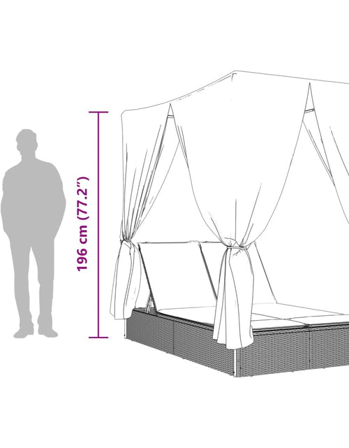 Încărcați imaginea în vizualizatorul Galerie, Șezlong de plajă dublu cu acoperiș și perdele, bej, poliratan
