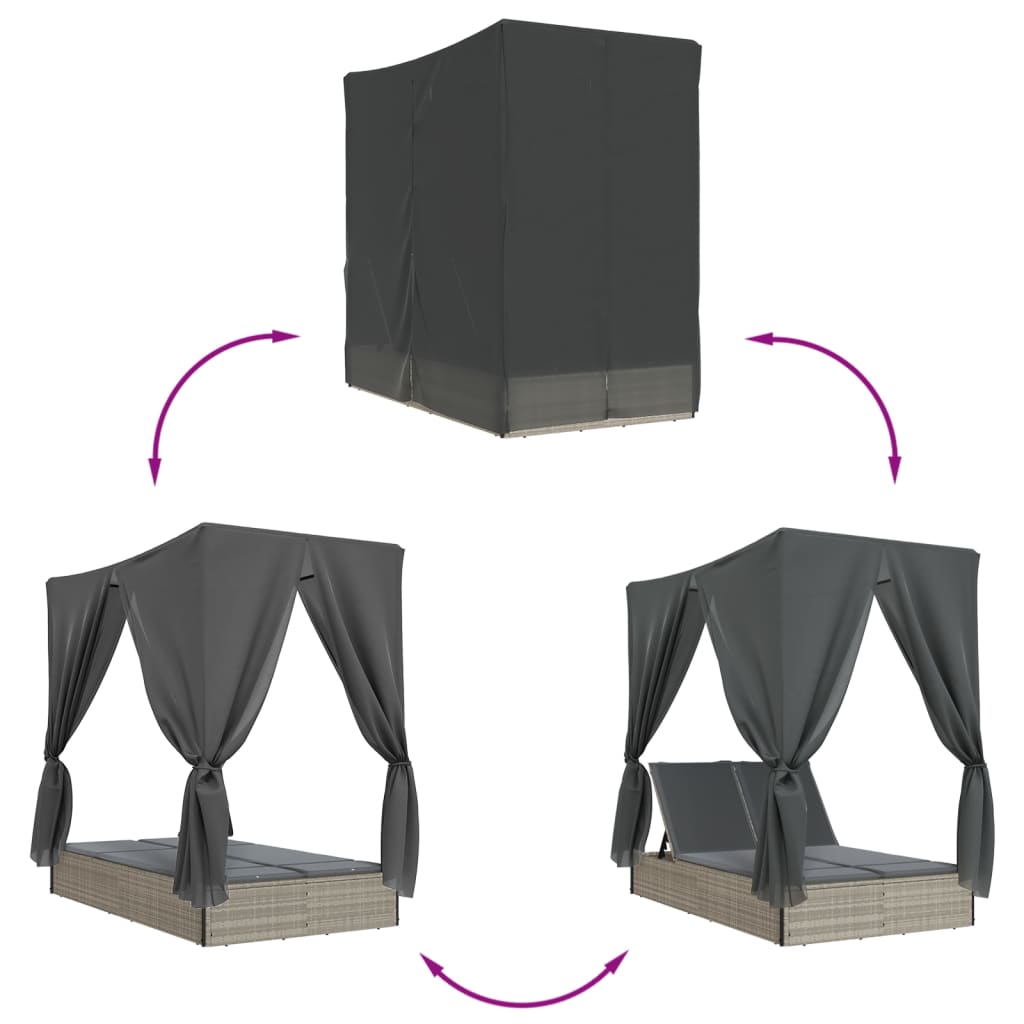 Șezlong plajă dublu cu acoperiș perdele, gri deschis, poliratan