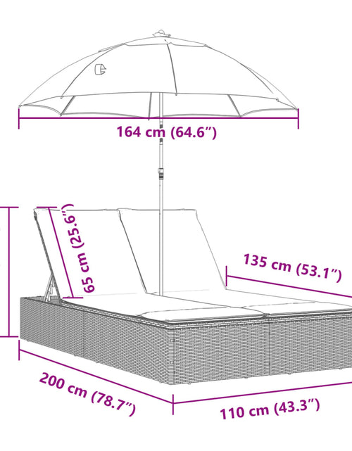 Încărcați imaginea în vizualizatorul Galerie, Șezlong dublu cu perne/umbrelă de soare, negru, poliratan
