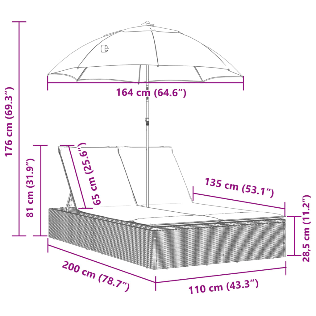 Șezlong dublu cu perne/umbrelă de soare, negru, poliratan