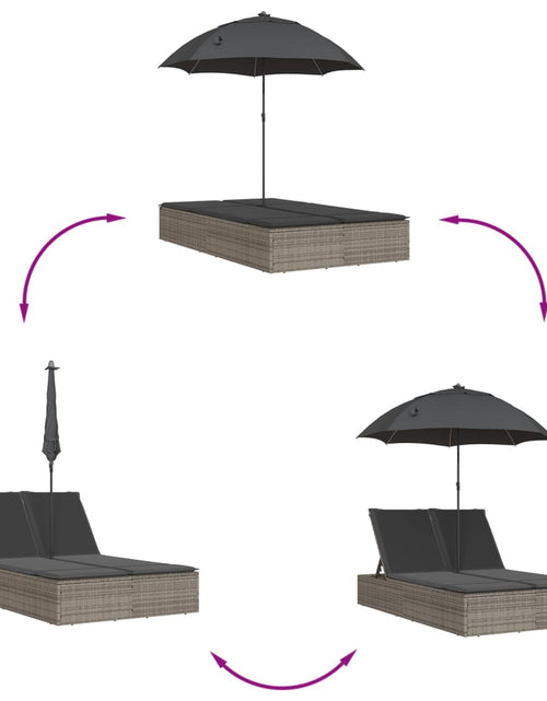 Încărcați imaginea în vizualizatorul Galerie, Șezlong dublu cu perne/umbrelă de soare, gri, poliratan
