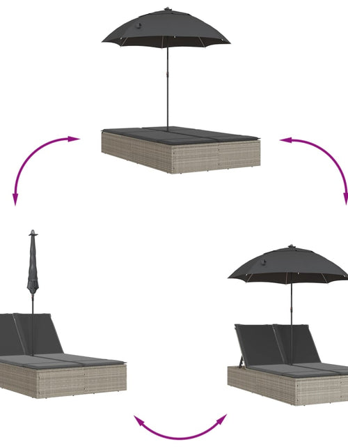 Încărcați imaginea în vizualizatorul Galerie, Șezlong dublu cu perne/umbrelă de soare, gri deschis, poliratan
