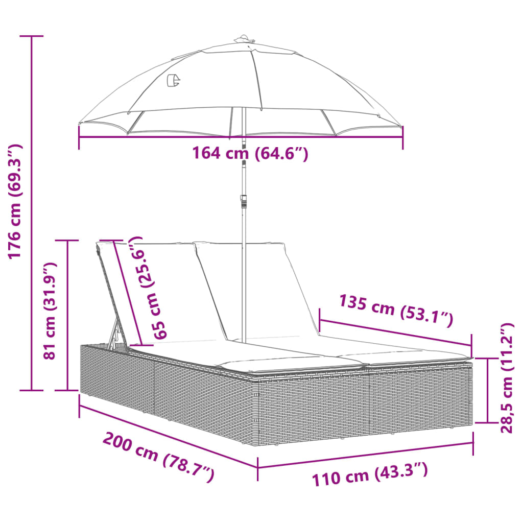 Șezlong dublu cu perne/umbrelă de soare, gri deschis, poliratan