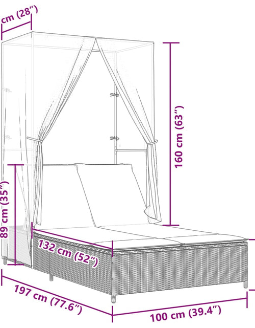 Загрузите изображение в средство просмотра галереи, Șezlong de plajă dublu cu acoperiș și perdele, maro, poliratan
