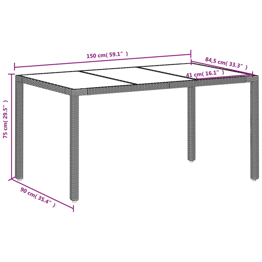 Masă grădină blat din sticlă gri deschis 150x90x75 cm poliratan