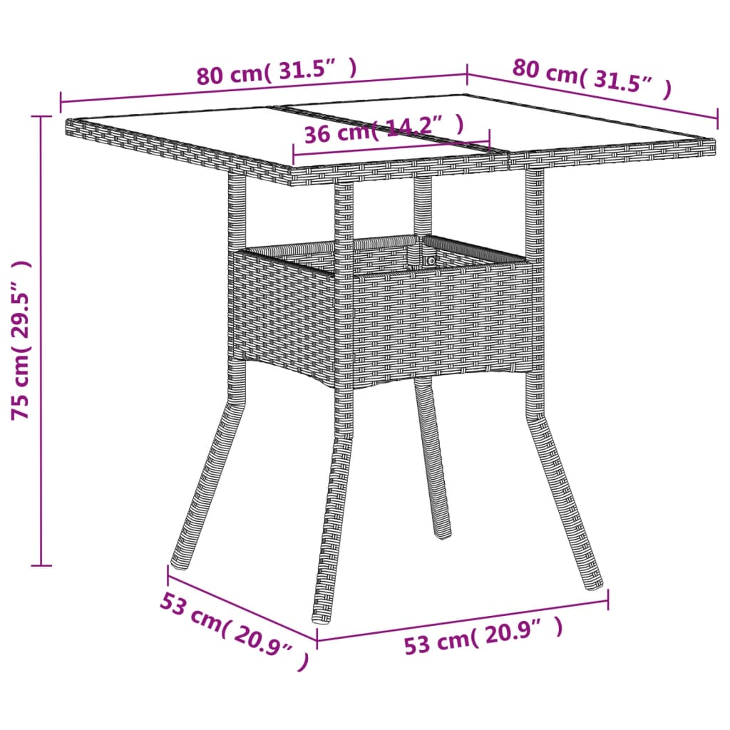 Masă grădină blat din sticlă gri deschis 80x80x75 cm poliratan