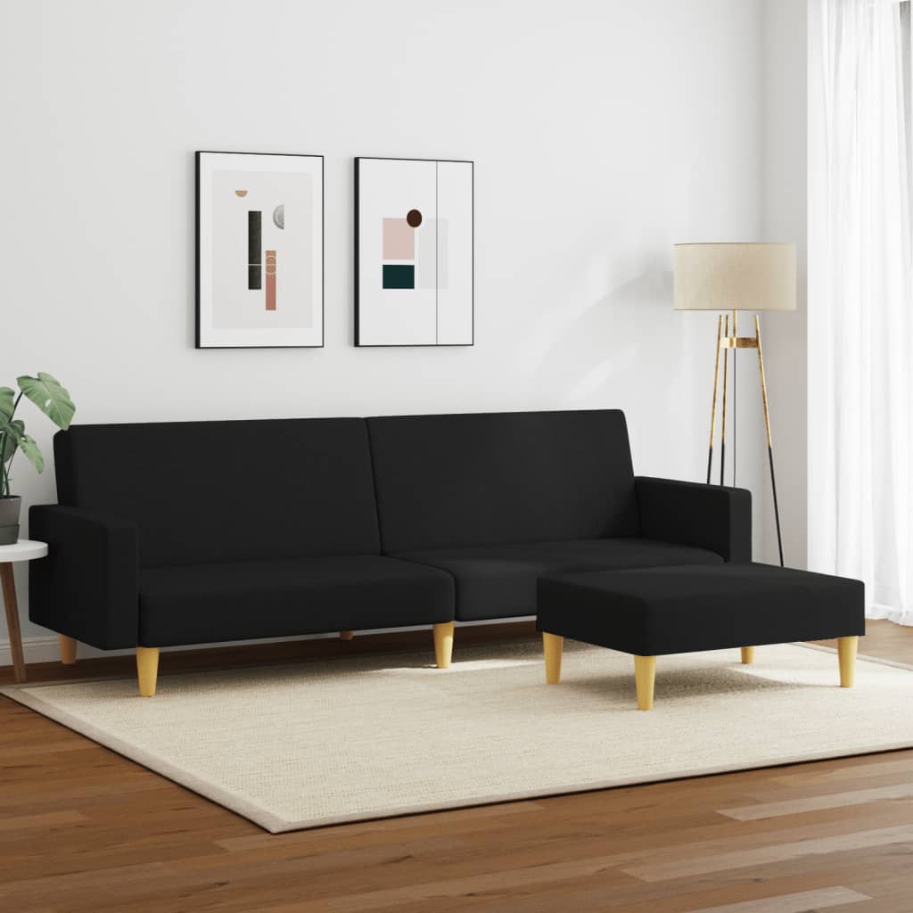 Canapea extensibilă cu taburet, 2 locuri, negru, textil - Lando