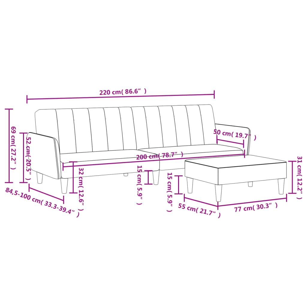 Canapea extensibilă cu taburet, 2 locuri, gri închis, catifea