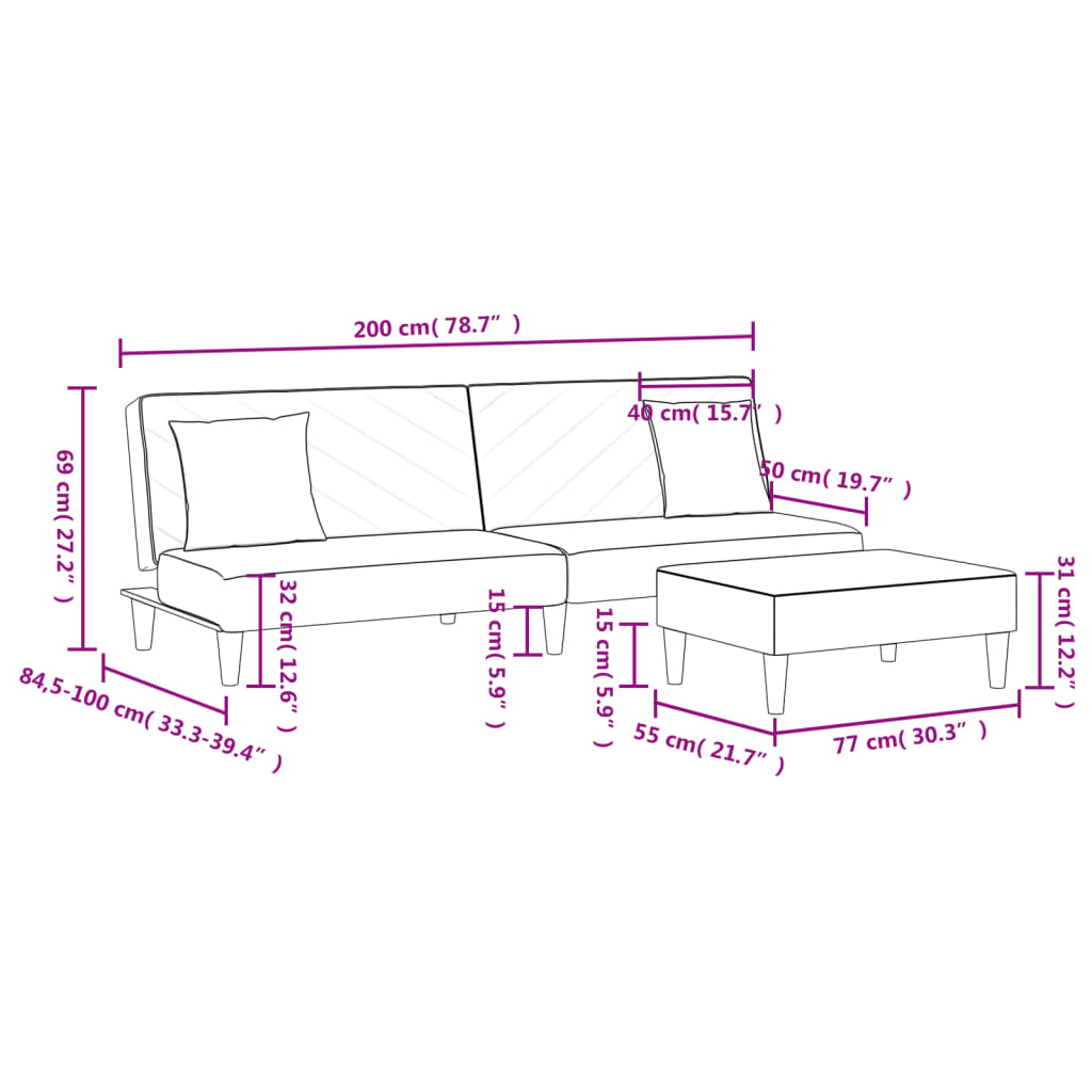 Set canapea cu perne, 2 piese, roz, catifea