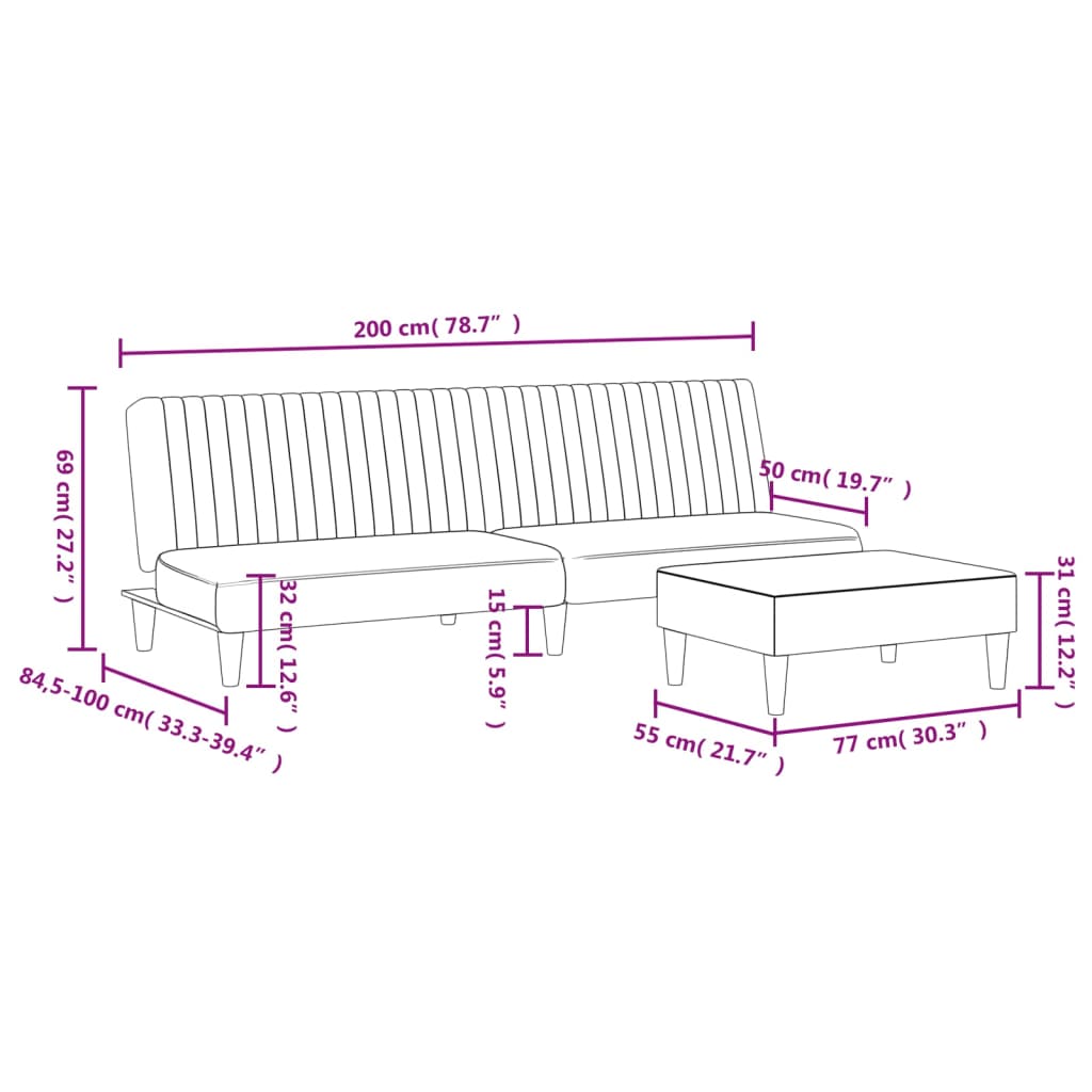 Set canapea 2 piese, negru, catifea