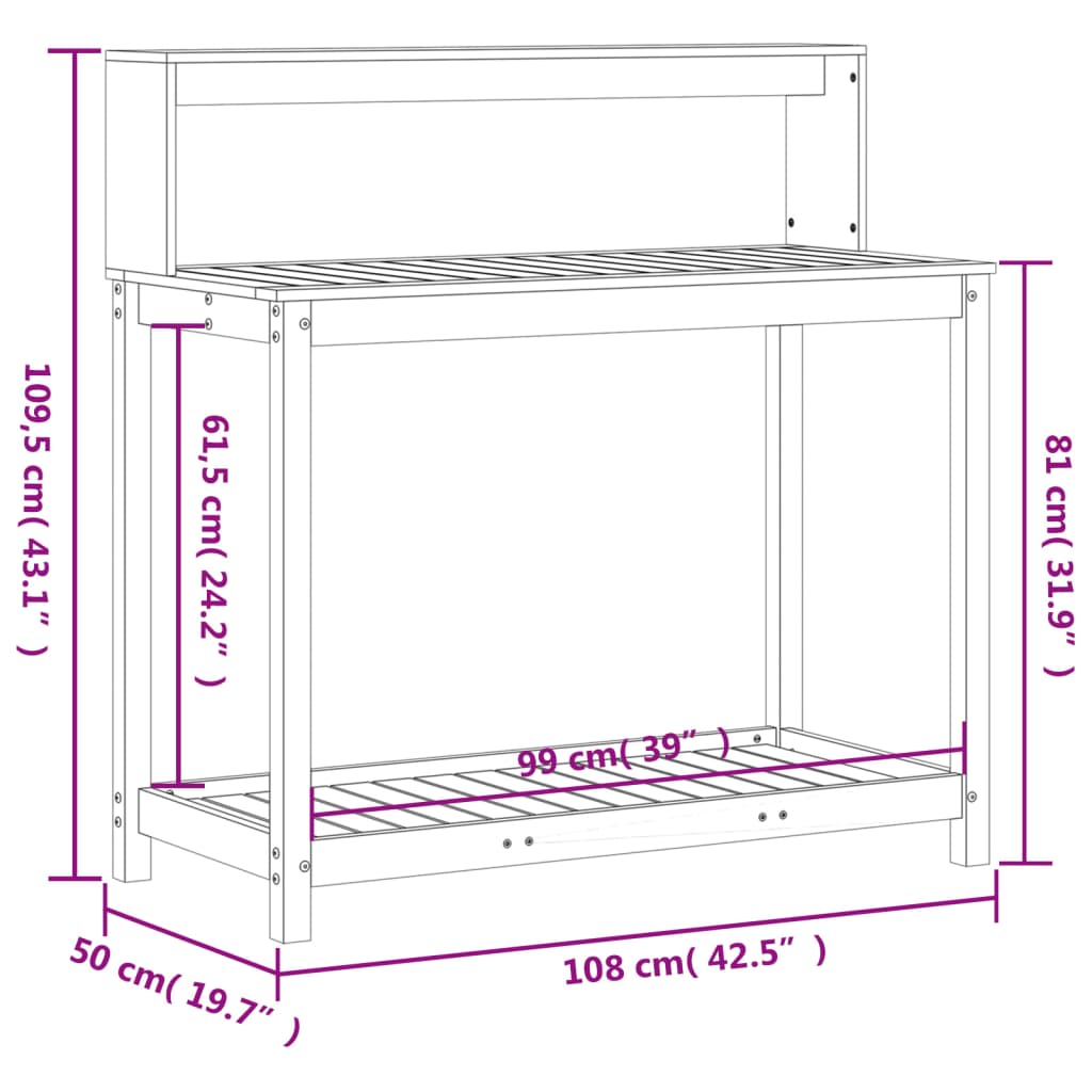 Masă de plantare cu rafturi alb 108x50x109,5 cm lemn masiv pin