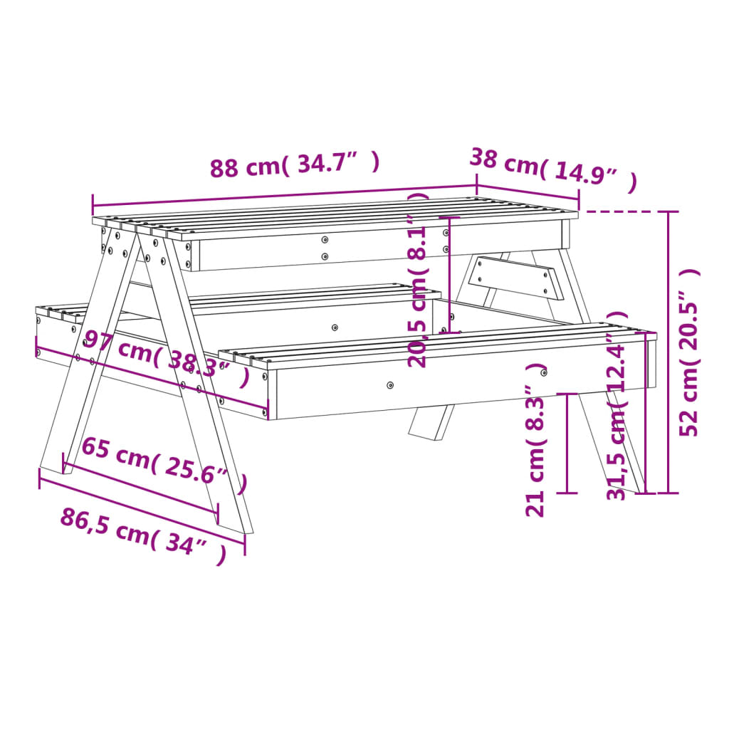 Masă de picnic pentru copii, alb, 88x97x52 cm, lemn masiv pin