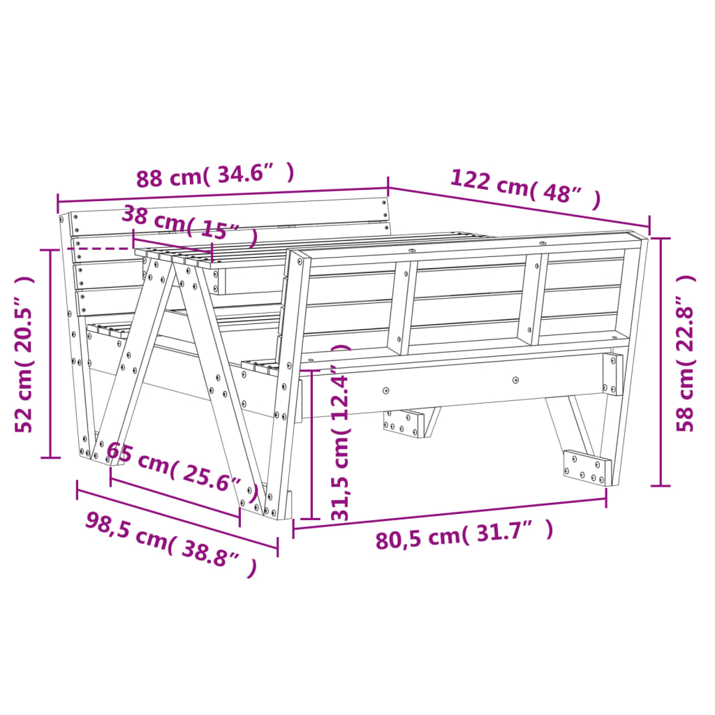 Masă de picnic pentru copii, 88x122x58 cm lemn impregnat de pin